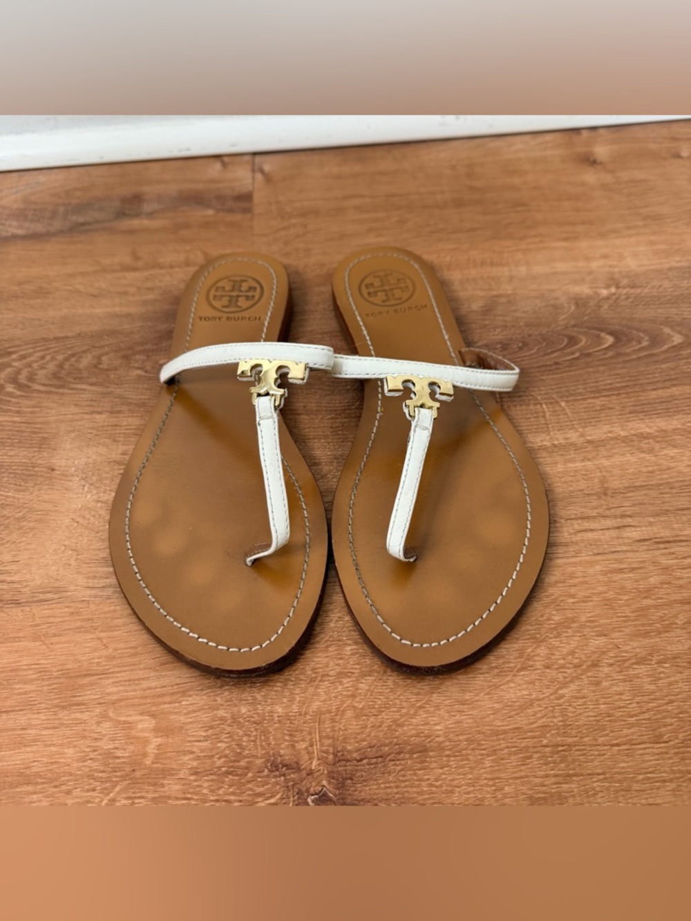 Tory Burch White Leather Logo T-Strap Sandals with Tan Footbed